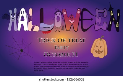 Halloween party poster template. Cartoon letters in the characters of the holiday characters, Jack lantern, gradient purple-orange background. Great as a background for a poster, advertising, or other