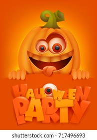 Halloween party poster template with cartoon pumpkin face. Vector illustration