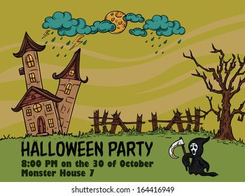 Halloween Party Poster Template: Countryside background with Haunted House and Grim Reaper 