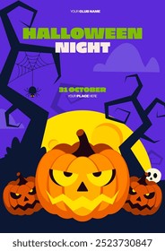 Modelo decorativo de cartaz de festa de Halloween com abóbora e cenário de noite escura plano de fundo estilo de design. Elemento de design pode ser usado para convite, folheto, folheto, impressão, ilustração vetorial