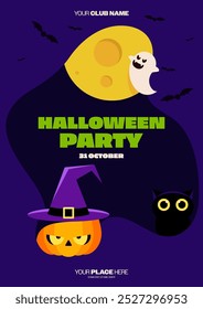 Halloween party poster template design decorated with pumpkin and night background flat design style. Design element can be used for invitation, leaflet, flyer, print; vector illustration