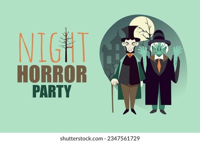 Halloween party poster template in flat design. Banner layout to night horror festival with creepy Frankenstein monster costumes or dead man characters with moon and old house. Vector illustration.