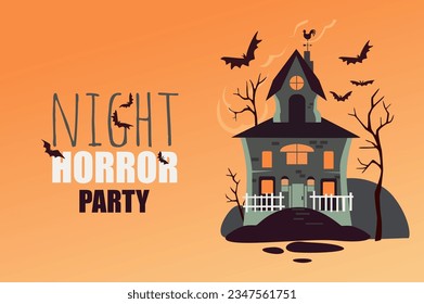 Halloween party poster template in flat design. Banner invitation layout to night horror festival with creepy old house or spooky castle, horror black trees and flying bats. Vector illustration.