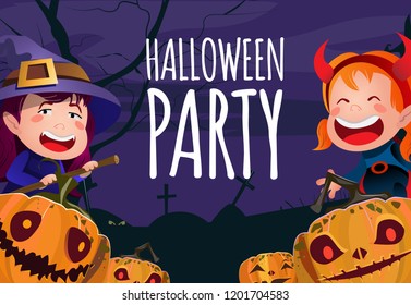 Halloween party poster template. Girls in costumes, carved pumpkins, graveyard and tree silhouettes. Design can be used for flyers, banners, invitations