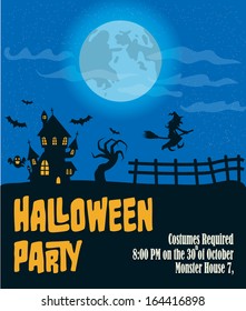 Halloween Party Poster Template - Haunted house, Witch, Ghost, Bats, Full Moon and Typography 