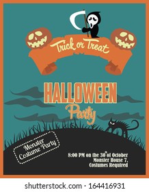 Halloween Party Poster Template - Pumpkins, Mini death, Cat and scary field.