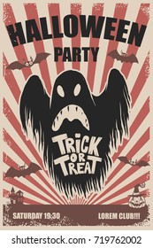 Halloween party poster template. Scary ghost.Trick or treat. Halloween monsters. Design element for poster, emblem, sign, t-shirt. Vector illustration