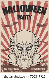 Halloween party poster template. Vampire head.Trick or treat. Halloween monsters. Design element for poster, emblem, sign, t-shirt. Vector illustration