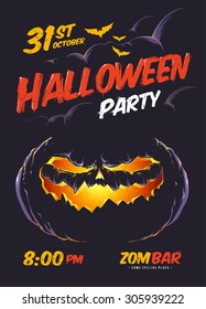 Halloween party poster template. Vector art of halloween pumpkin glowing in darkness. Vector typography. 