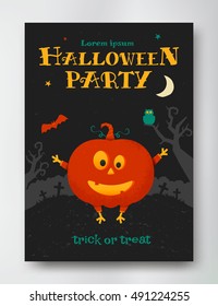 Halloween party poster template. Vector Pumpkin character.