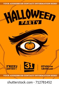 Halloween party poster template. Vector illustration with the image of the eye and the pumpkin on orange background. Invitation card. Banner.