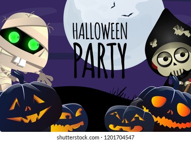 Halloween party poster template. Zombie characters and spooky pumpkins on blue background. Design can be used for flyers, banners, invitations
