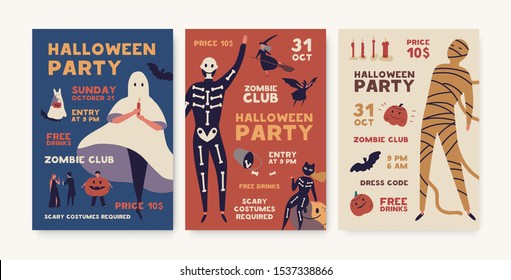 Halloween party poster templates pack. Holiday entertainment event, masquerade creepy invitation. Helloween advertising brochure, flyer, design layout. Spooky mummy, skeleton costumes illustration.