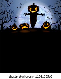 Halloween Party Poster with terrible pumpkins and a scarecrow, vector format