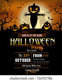 Halloween Party Poster with terrible pumpkins and a scarecrow, vector format