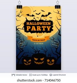 Halloween party poster with text label and illustrations on a background. Moon, black bats, scary pumpkins and dead trees on a dark blue gradient. 