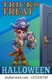 Halloween party poster trick or treat with a boy and pot. Vector illustration.