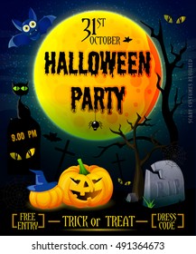Halloween party poster with typographic title on big moon pumpkin and cat on dark background vector illustration