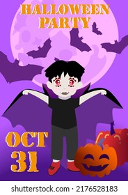 Halloween party poster with vampire boy, pumpkins, moon and bats. Vector graphics