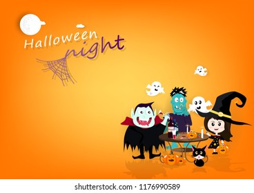 Halloween party poster, vampire, pumpkin, black cat, candy, zombie monster, witch and spooky cute cartoon characters with full moon, celebration night collection background vector illustration