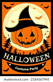 Halloween party poster, vector celebration banner, greeting, invitation with Halloween with pumpkin character in a witch's hat, moon and bats around.
