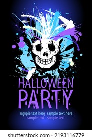 Halloween party poster vector design template with grunge skull, colored blots and place for text, suitable for banner or emblem, neon colors