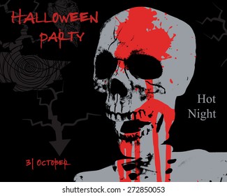 Halloween party poster. Vector graphic illustration. Bloody skull