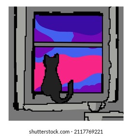 Halloween party poster Vector illustration. cat in the window on halloween night. design illustrations can be used as background material or given text for brochures