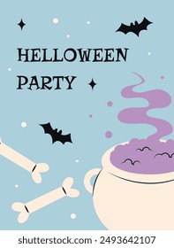 Halloween party poster Halloween vector illustration on social media. Brochure Halloween minimal theme poster letter banner. Greeting card with witchs cauldron and bones on blue background