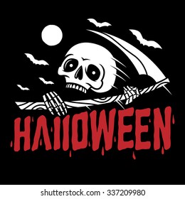 Halloween party poster. Vector illustration of a skull with braid, moon, rearmouses and blood title.