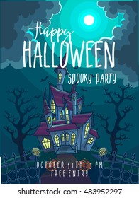 Halloween Party Poster. Halloween vector illustration with scary house, moon and pumpkin. Background with haunted house to dark night. Horror and creepy landscape.