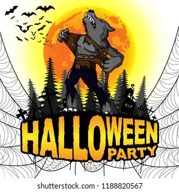 Halloween Party Poster with werewolf on a white isolated background. Vector illustration.