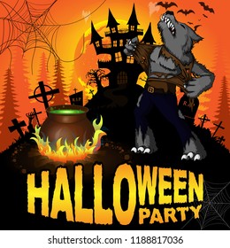 Halloween Party Poster with with werewolf. Vector illustration.