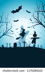 Halloween Party Poster with Whitch. Holiday Card with Cemetery and Scarecrow and a Haunted House in the Background. Halloween Invitation or Halloween Party Poster Backdrop
