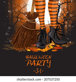 Halloween party poster with witch legs in boots and broomstick