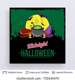 Halloween party poster. Witch magical things at night. Vector layered background with text block.