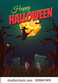Halloween party poster with witch and moon. Vector illustration.