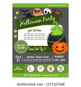 halloween party poster with witch pot of magic flat style