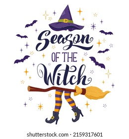 Halloween party poster with witchcraft and witch hat. Halloween poster or invitation card with witch broom and hat vector illustration. Spooky party card