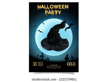 Halloween party poster . Witches Flying Hat Black on the moon . Vector design poster illustration . vector illustration