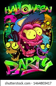 Halloween party poster with zombie crowd, hand drawn graphic banner with cartoon monsters