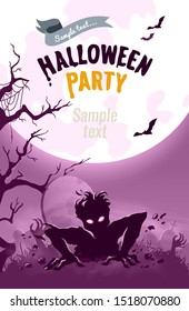 Halloween party poster with zombie getting out from tomb. Halloween vector illustration with scary zombie, cemetery, moon, tree, bats.