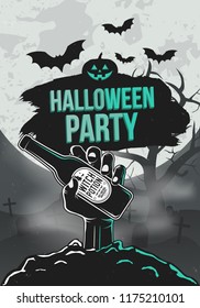 Halloween party poster. Zombie hand hold a beer, tree and bats. Halloween poster Template. Vector illustration