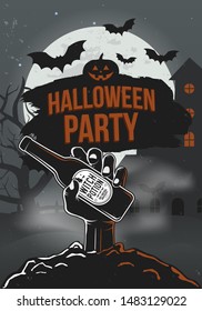 Halloween Party poster with zombie hand, beer bottle, haunted house, bats and full moon. Halloween background. Vector illustration