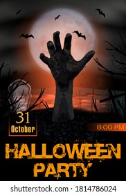 Halloween party poster. Zombie hand rising from the grave. Party invitation template vertical background. Graveyard with tombstones and moon In spooky night. Vector illustration.