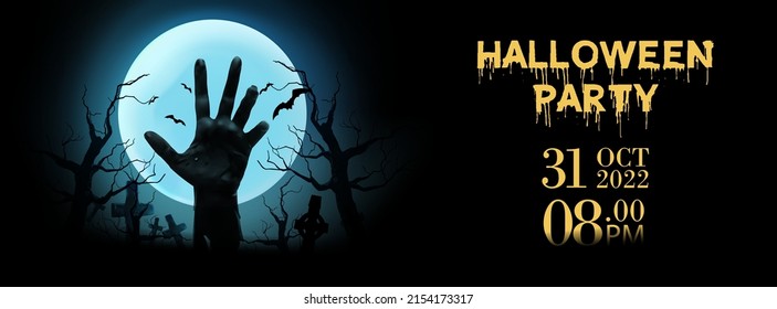 Halloween Party Poster . Zombie Hand Rising Out From The Soil . Banner . Linkedin Cover, Facebook Cover, Instagram Post 