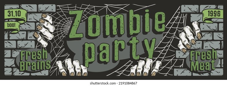 Halloween party poster with zombie hand and cemetery. October autumn scary banner