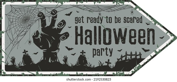 Halloween party poster with zombie hand, eyes and cemetery. October autumn scary banner