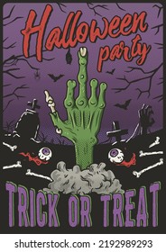 Halloween party poster with zombie hand, eye and cemetery. October autumn scary banner