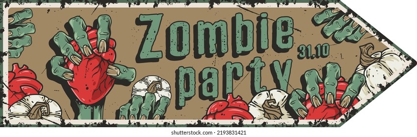 Halloween party poster with zombie hand, heart and cemetery. October autumn scary banner